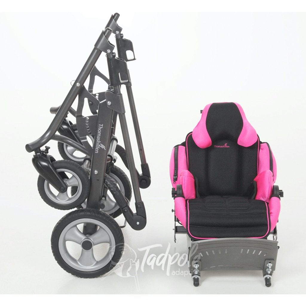 Thomashilfen tRide Seating unit and folded stroller frame.