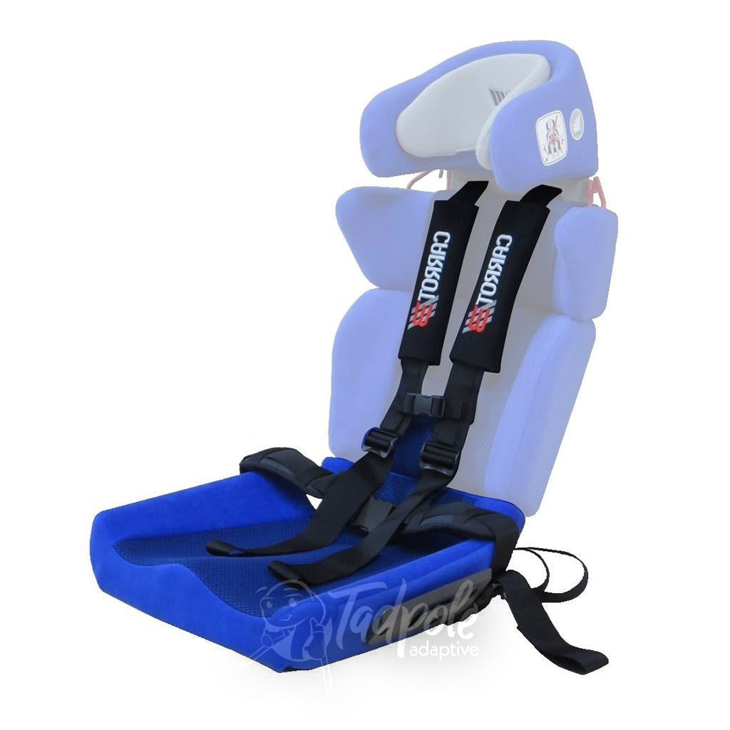 Convaid Carrot 3 Booster Seat, in blue, shown with 5 point harness.