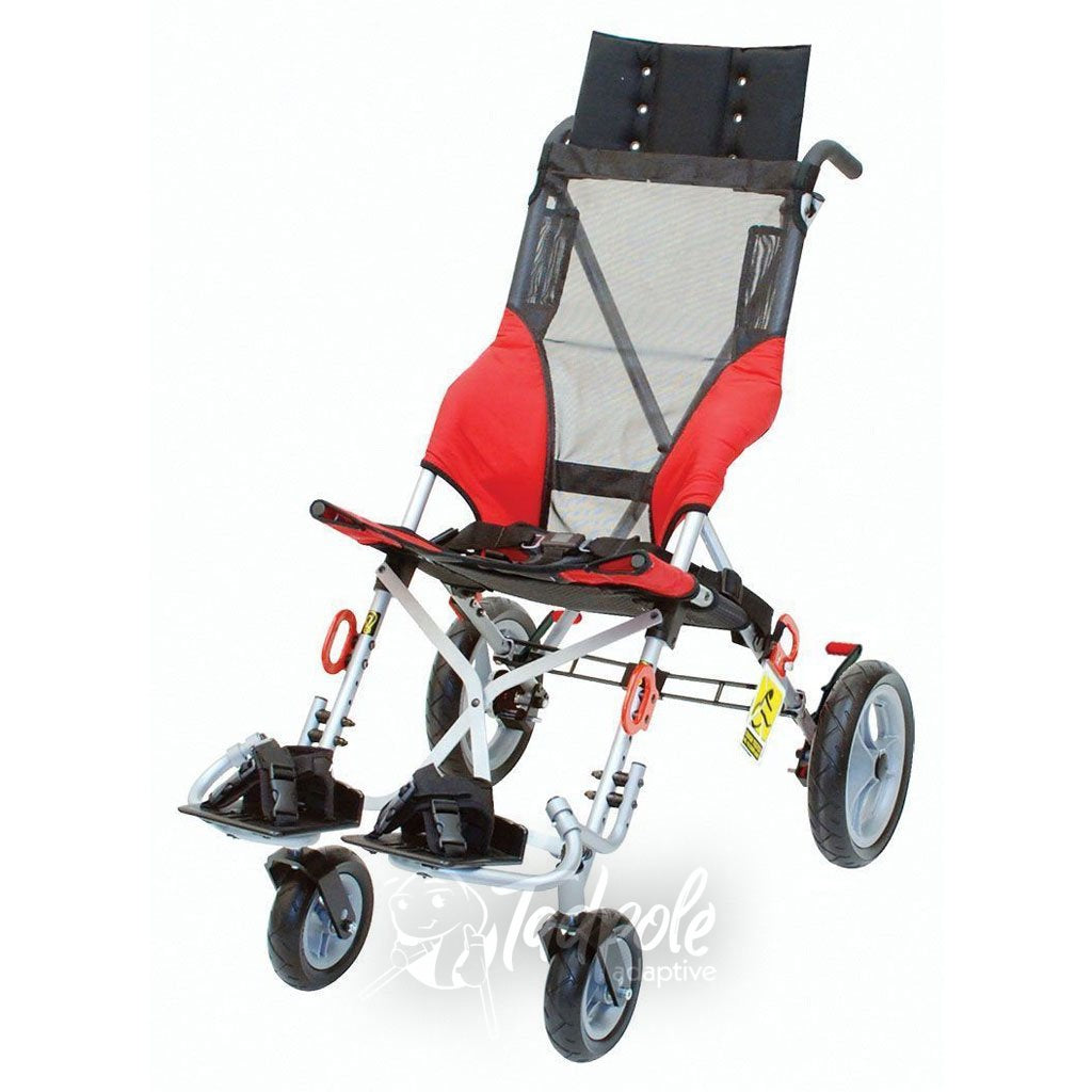 Convaid Metro Stroller, in red, transit model with headrest extension.