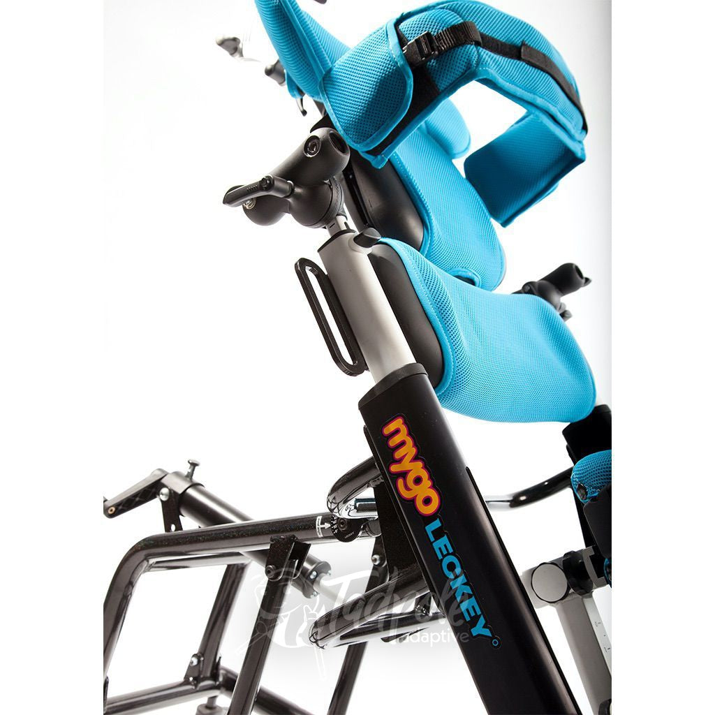 Leckey Mygo Stander, shown closeup with adjustments and optional supports.