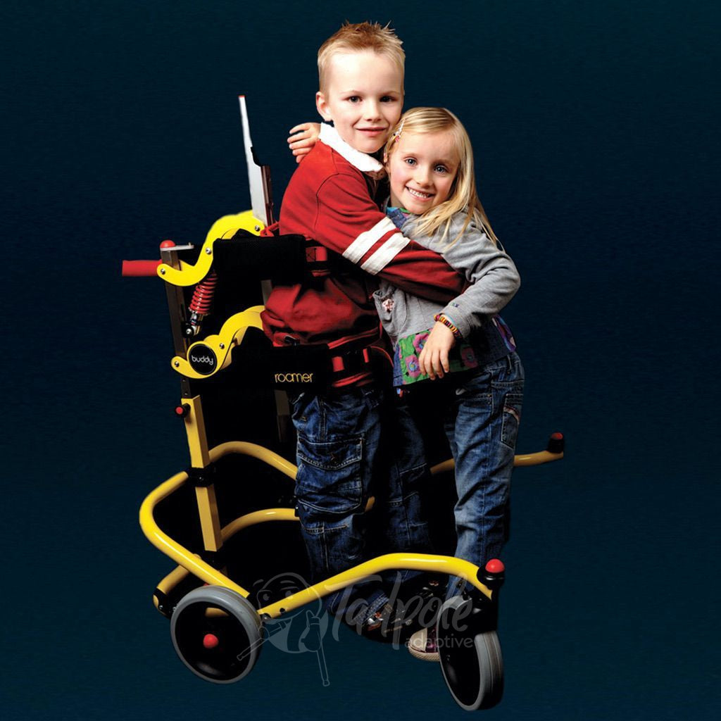 Young boy hugging sister in his Buddy Roamer Anterior Gait Trainer.