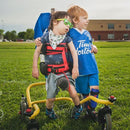 Boy chilling with buddy on soccer field in his Buddy Roamer Anterior Gait Trainer.