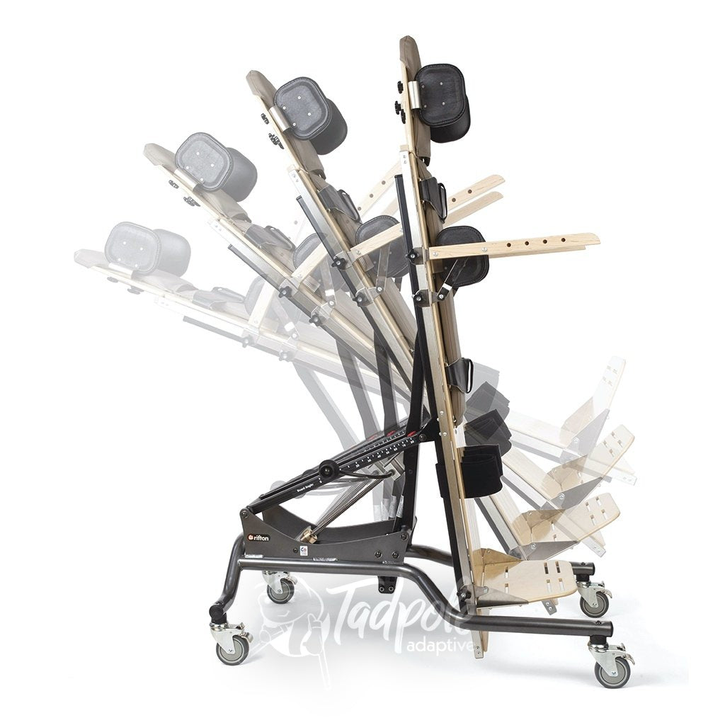 The Rifton Supine Stander is fully adjustable from lateral to upright.