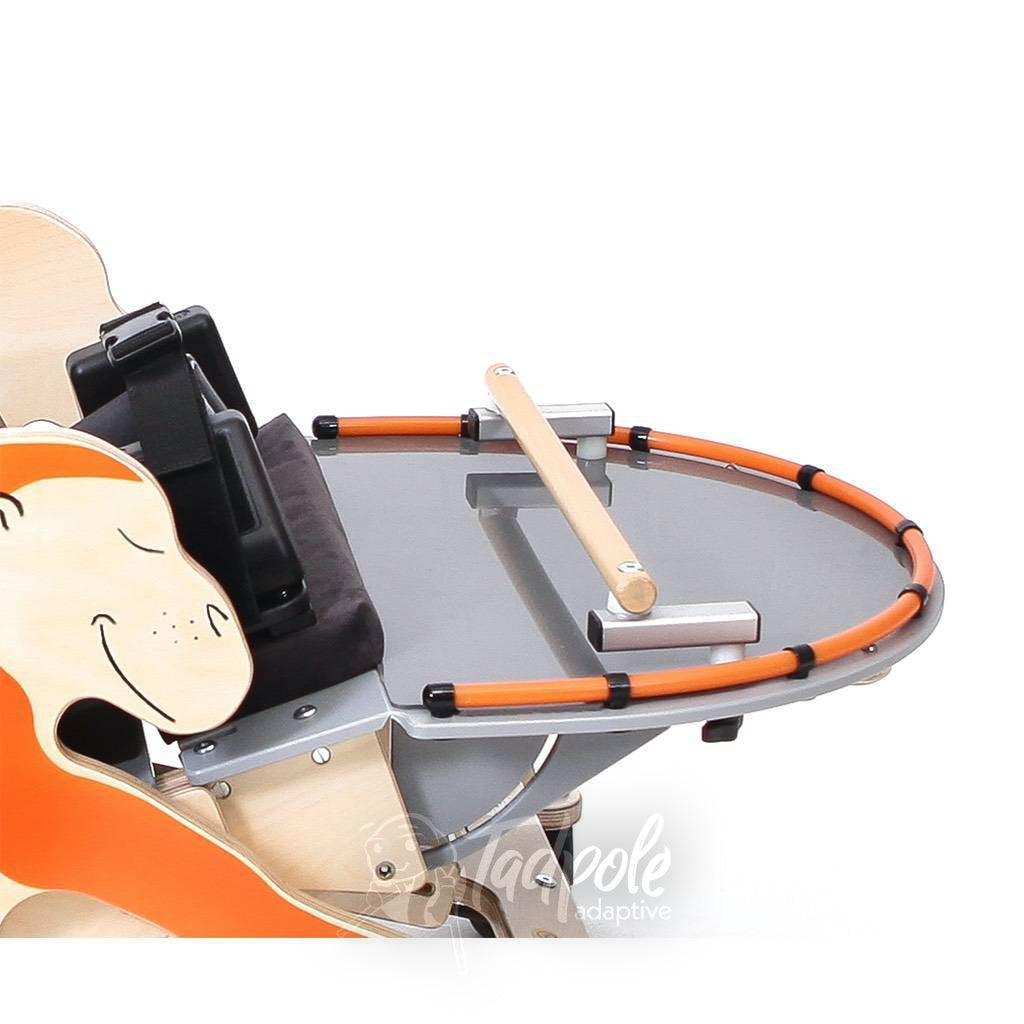Jenx Monkey Prone Stander shown with Activity Tray and Activity Bar.
