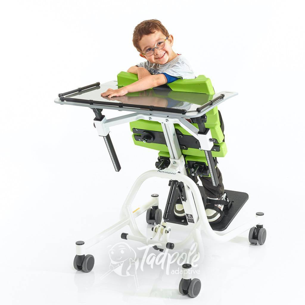 Jenx Multistander Kiddo in Prone position using optional tray for support.