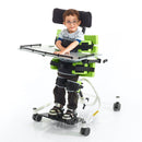 Jenx Multistander Kiddo in Supine/Upright position with optional Multi-Grip Headrest accessory.