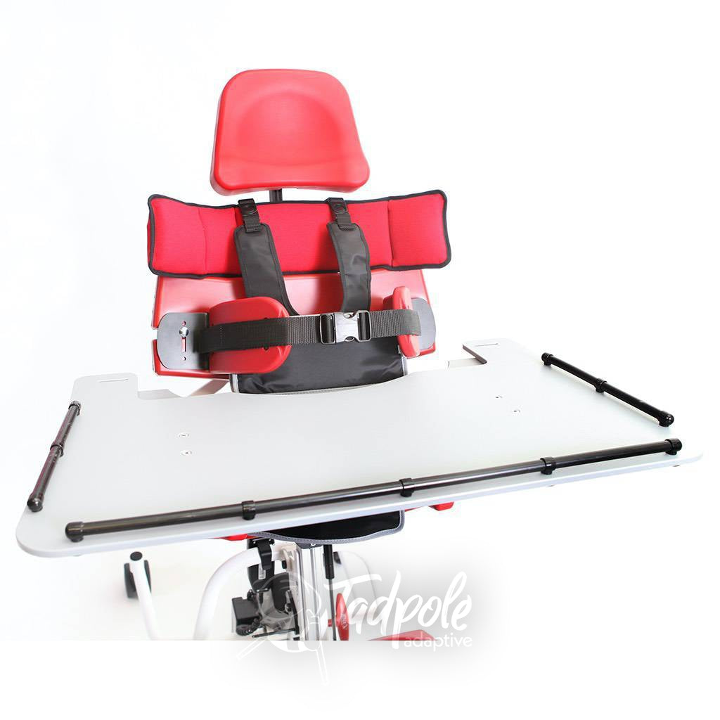 Jenx MultiStander Closeup view in red, tray, headrest and chest harness.