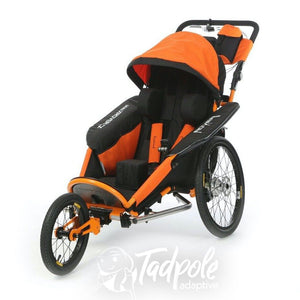  The xRover special needs stroller, jogger and bike trailer in black/orange.